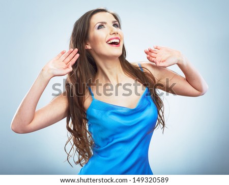 Young happy woman isolated portrait. Isolated studio background female model.