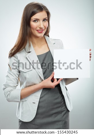 Smile Business woman portrait with blank white banner, board on white isolated . Female business model with long hair.