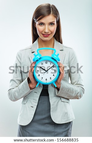 Business woman hold watch. Time concept. Smiling girl portrait, white background isolated.