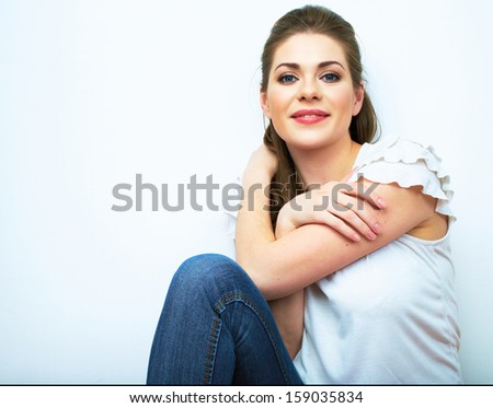 Smiling woman natural portrait. White background isolated. Smiling beautiful girl.