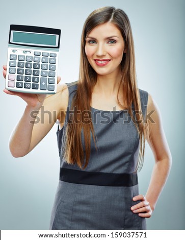 Accountant business woman portrait. Taxes count concept. Focus on machine.