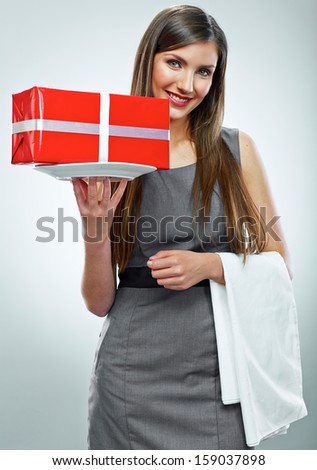 Business woman isolated portrait. Big red gift.