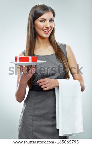 Young business woman isolated portrait. Business concept gift.