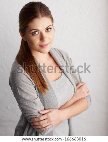 Young model . Woman portrait . Isolated background . Casual style .