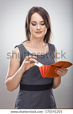 Woman hold business card.  Isolated portrait. Blank card .