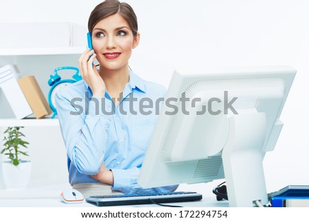 Close up portrait of young business woman phone call, seating in white office. Female business style smiling model.