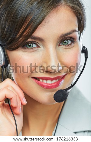 Customer support operator. Woman face.Call center smiling operator with phone headset.