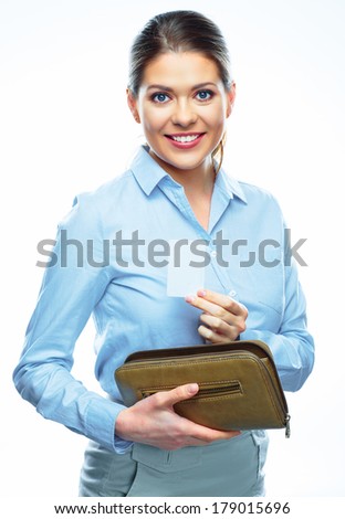 White background. Business woman with purse. Credit card. Isolated.