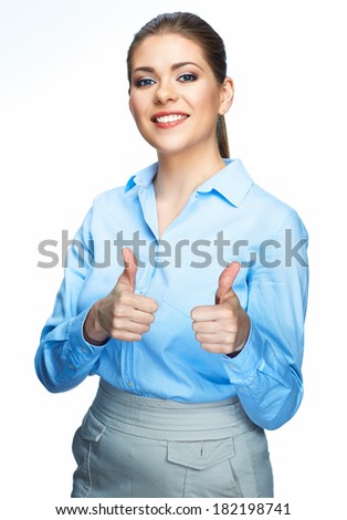 Thumbs up. Happy business woman show thumbs up. Female model.
