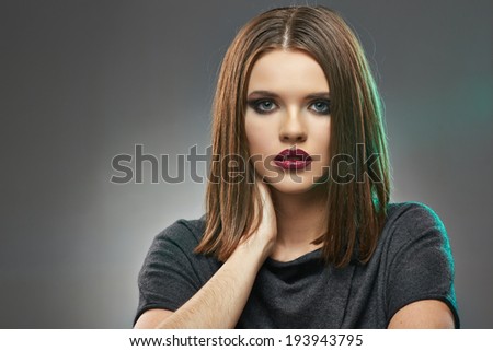 Beauty face. Woman touch face. Isolated. Young model.