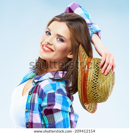 Beauty caucasian woman fashion posing in casual clothes.