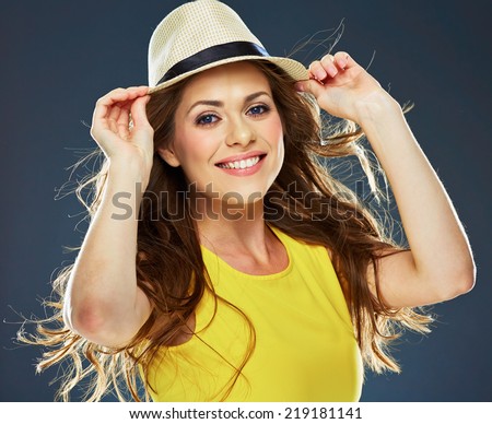 smiling young woman portrait . big smile. long hair.