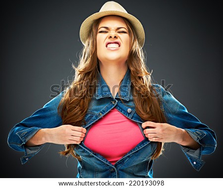 aggressive woman ripping clothes. concept screaming  woman portrait . copy space for advertising sign.