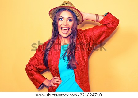 joyful woman fashion style portrait. blue dress.