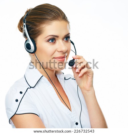 Face portrait of woman call center operator. on line support worker. White background isolated.