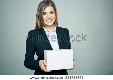 Smiling business woman hold white business board. blank card. copy space. studio isolated.