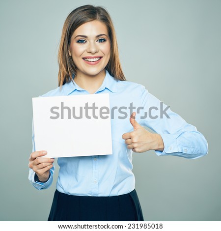 Thumb up. Smiling business woman hold white business board. blank card. copy space. studio isolated.