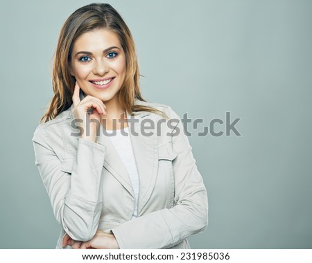 Thinking Business Woman portrait. Young employee isolated portrait.