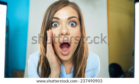 funny face of young business woman . open mouth. teeth. emotional portrait isolated.