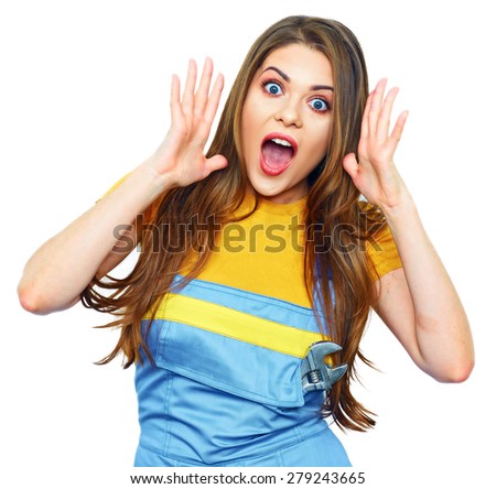 Find job. Hard worker style portrait of surprised woman.  Female model with long hair.