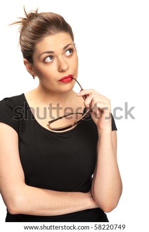 Thinking business woman. Isolated over white background