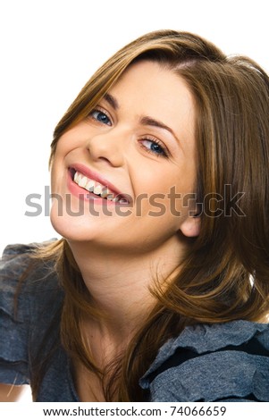 Close-up portrait of young woman casual portrait in positive view, big smile, beautiful model posing in studio over white background . Isolated on white.