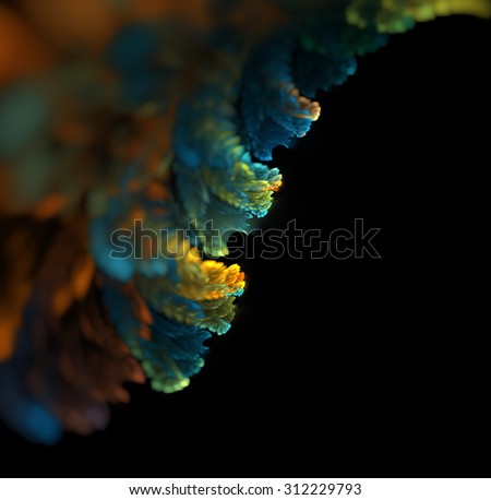 Abstract black background with rainbow colored - green, blue, orange, yellow, turquoise leaf edge with blur and focus in the corner diagonal texture, fractal