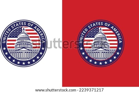 United States Capitol Building with USA flag logo design. Capitol Hill Washington DC vector design. United States of America Architecture logotype