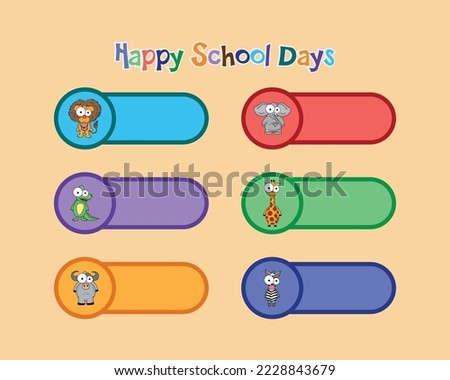 Notebook labels School name label Bright stickers Rectangular label Cute characters Color vector isolated illustration Pro Vector