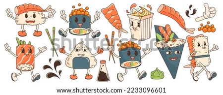 Cartoon character retro asian food 70s. Big sticker set with sushi, ramen, roll, soy sauce, wasabi, shrimp. In trendy groovy hippie retro style. Vector illustration with typography elements.