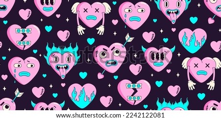 Y2k neon seamless pattern  of funny cartoon hearts and elements. In psychedelic weird style. Vector hand drawn background. Trendy neon 2000s style. Anti valentines day conception. Pink, blue color.