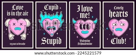 Groovy y2k anti valentines day conception poster with goth slogan.Trendy gothic emo style 2000s. Happy Valentines day greeting card. Sad background. Creepy weird teen Valentine's day concept. Retro.