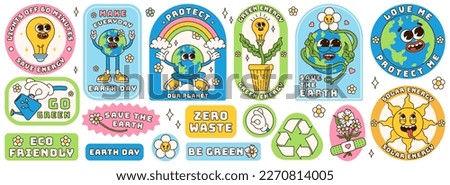 Save the planet sticker set in trendy groovy style. Earth Day. Funny vector earth character and mascot. Eco friendly conception. Vector illustration.