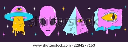 sychedelic retro cartoon character set. Modern stickers in trendy Y2K style with flying saucer, alien, pyramid, carved trippy eye. Funny faces, vibrant colors. Crazy vector illustration.