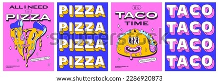 Trendy psychedelic posters set with funny fast food characters. Trippy pizza slice and crazy modern taco. Front and back side poster design. Vector illustration.