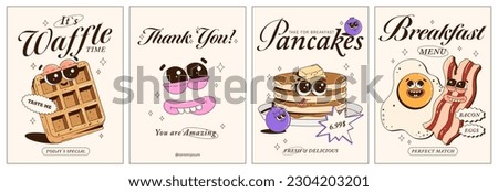 Trendy posters with funny characters. Fresh baked, pancakes, waffles, bacon, eggs, blueberries. Branding mascots for cafe, restaurant, bar. Vector illustration.