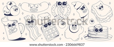 Trendy sticker set with funky food characters. Branding mascots for cafe, restaurant, bar. Fresh pastries, pretzel, croissant, French toast, coffee, pancakes, waffles, bacon, eggs, sausage. Monochrome