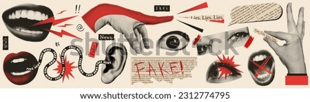 Fake news trendy vintage collage conception. Halftone lips, eyes, hands. Retro newspaper and torn paper. Elements for banners, poster, sosial media. Vector.