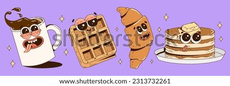 Cute food characters illustration. Funky retro groovy coffee, waffle, croissant, pancake. Contemporary mascots for cafe, restaurant, bar. Vector art.