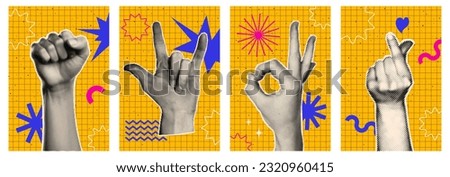 Trendy halftone punk collage posters set with retro Y2K and naive doodle elements. Hand gestures, rock,protest, okay, love. Contemporary vector illustration.