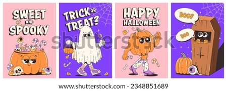 Halloween posters set. Trendy retro groovy style and funky characters in 70s-80s. Trick or treat, happy halloween, sweet and spooky. Funny vector flyer, cards.