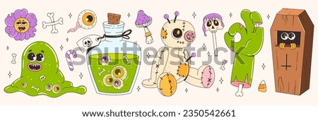 Groovy retro halloween sticker set. Funky cartoon characters and elements. Zombie hand, slime, potion, coffin, voodoo doll. Happy Halloween. Trendy retro vector illustration in cartoon 70s-80s style.