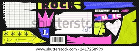 A set of brightly colored cut and torn collage paper. Notebook sheets, magazine clippings with text and more. Contemporary vector illustration.