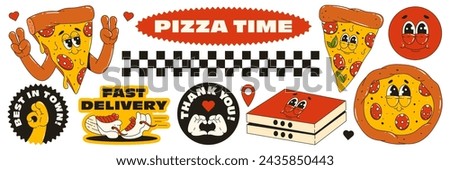 A pizza delivery theme set in the trending retro groovy style. Pizza character, stickers with words of thanks to the customer and fast delivery.