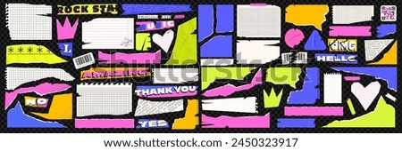 Big set of torn and crumpled collage paper. Torn pieces of paper,text clippings, checkered notebook sheets. Modern vector illustration.