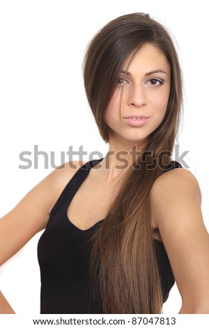 Portrait Of A Young Woman'S Chest, Long Hair Girl With One Eye Shut ...