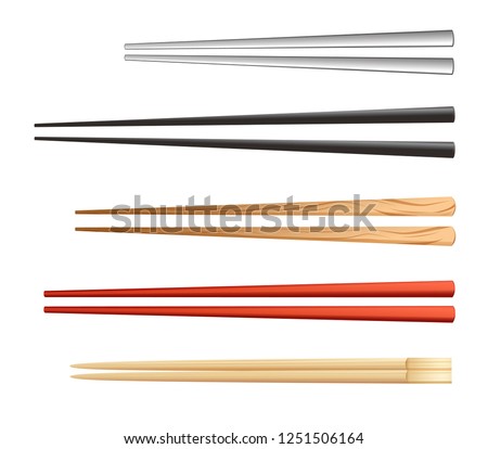 Different types of chopsticks made of stainless steel, wood, plastic and bamboo. Asian eating utensils isolated on white background. Vector illustration