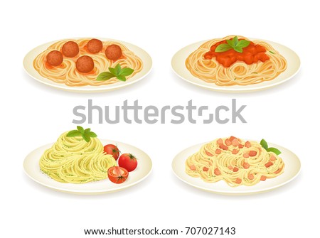 Set of spaghetti dishes isolated on white. Vector illustration.