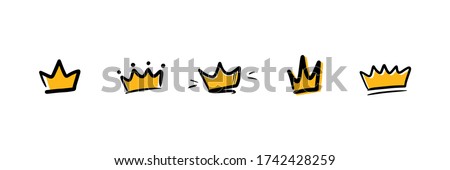 Set, collection of doodle, hand drawn golden crowns. Vector crown icons.