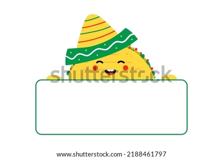 Cute and happy taco character in sombrero holding in hands blank card, banner. 
